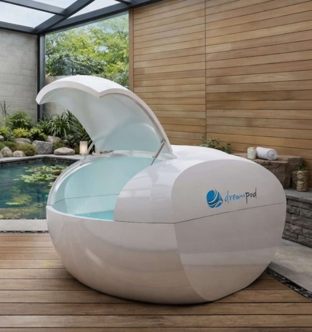 Dreampod Home Float Plus float tank installed in an indoor atrium with natural light and greenery, lid open showing interior float space