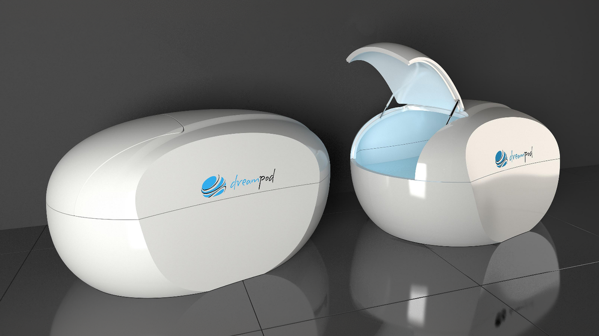 Dreampod Home Float Plus float tank showing open and closed configurations in studio environment