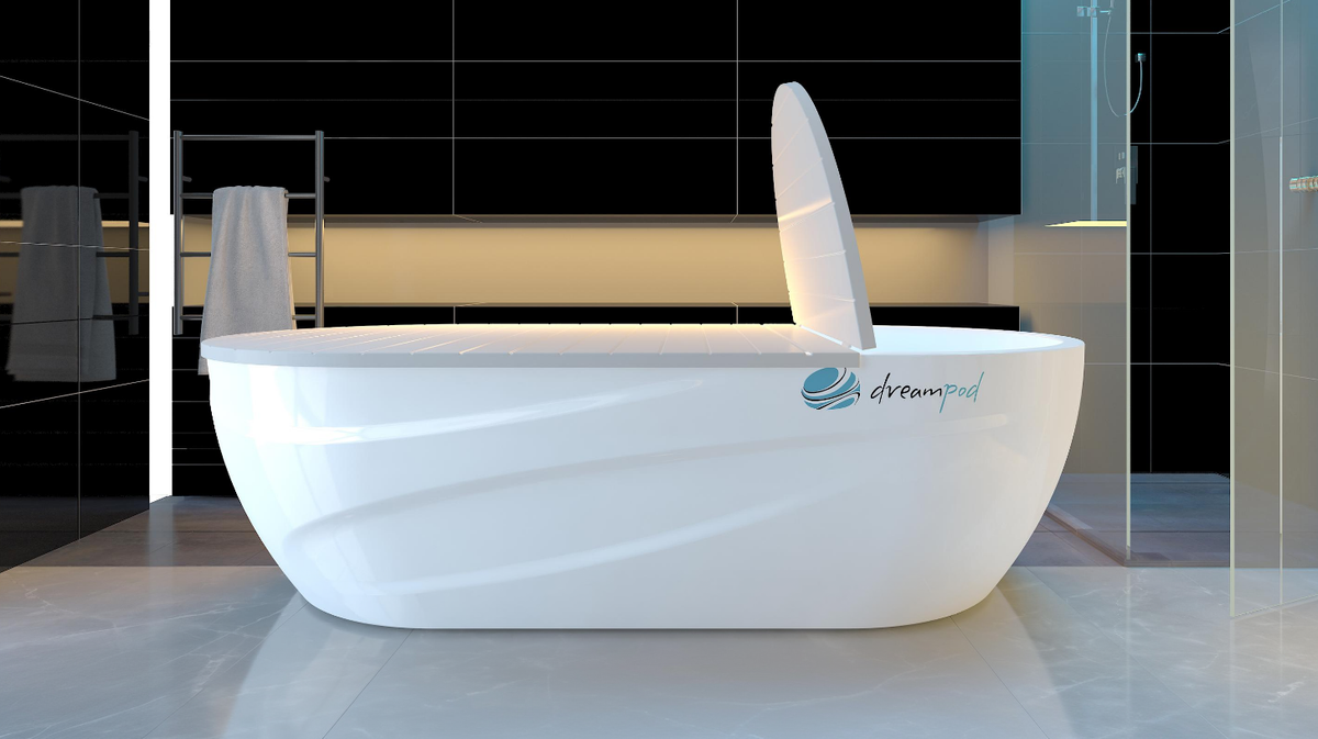 Dreampod Home Float Pro float tank installed in modern bathroom setting with lid open showing entry access