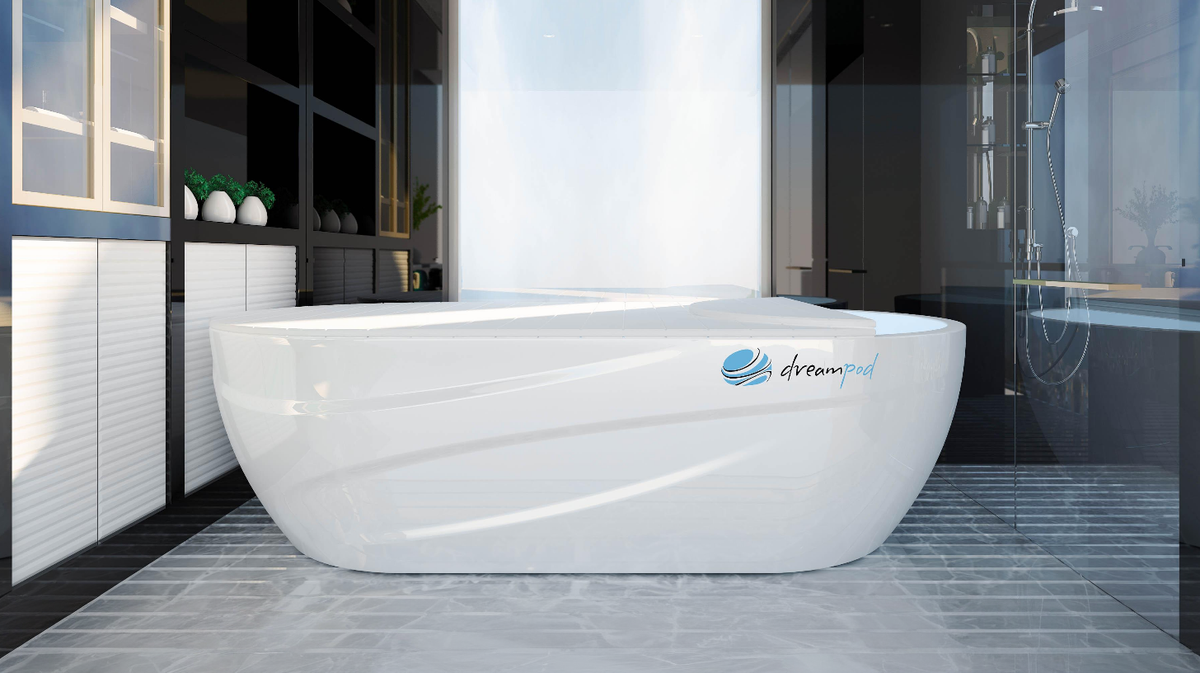Dreampod Home Float Pro float tank front view centered in modern interior environment with clean architectural lines