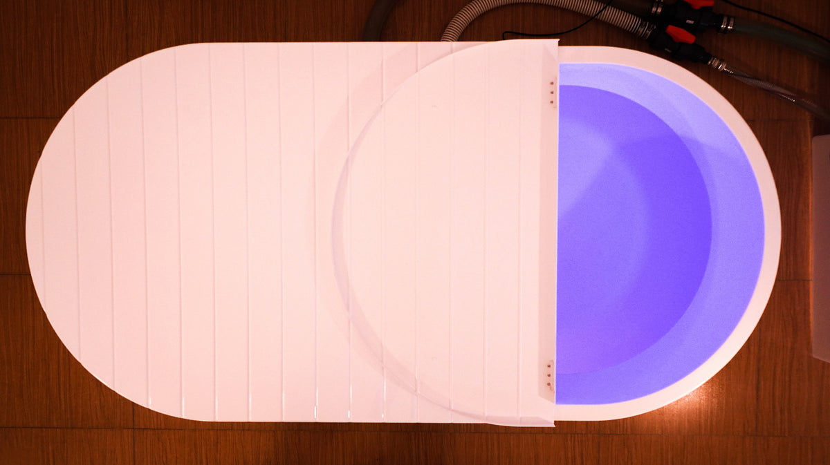 Dreampod Home Float Pro float tank top-down view showing closed lid and full system footprint