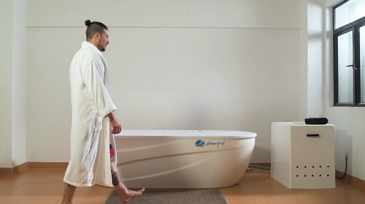 Dreampod Home Float Pro float tank with user approaching system alongside external filtration and control unit