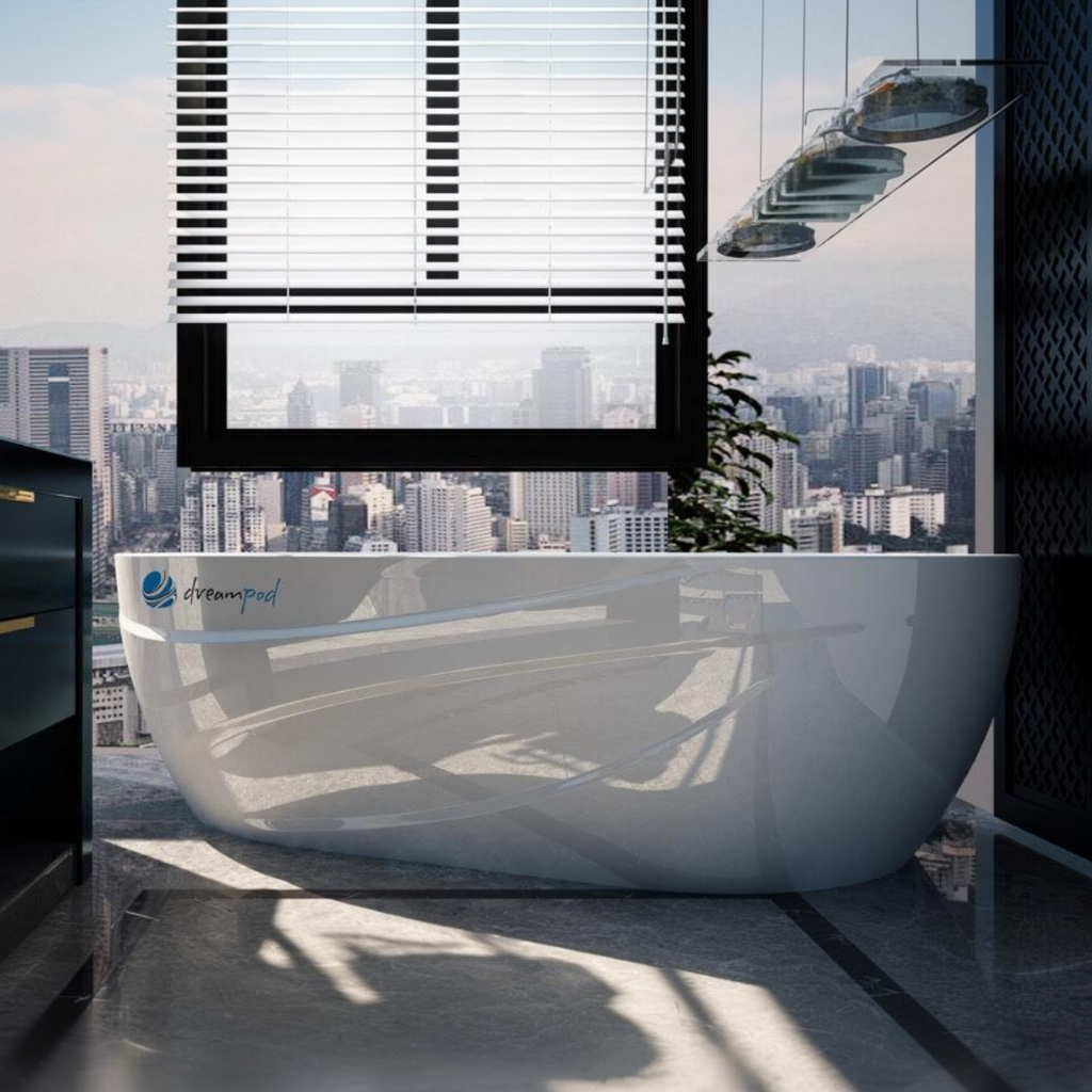 Dreampod ice bath tub placed in luxury indoor setting with city view and modern architectural environment