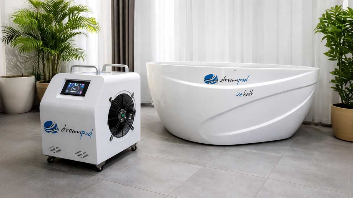 Dreampod ice bath tub with chiller heater system placed in home setting with plants and indoor environment
