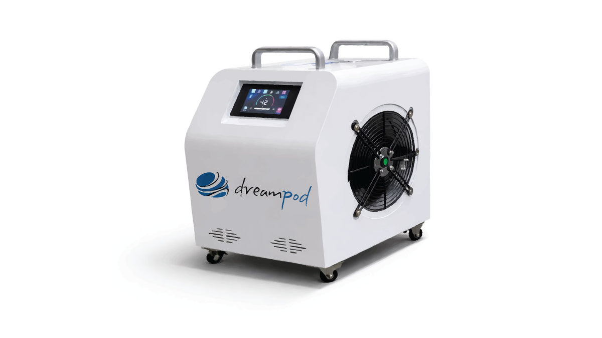 Dreampod ice bath chiller heater unit on white background with control panel and cooling fan visible
