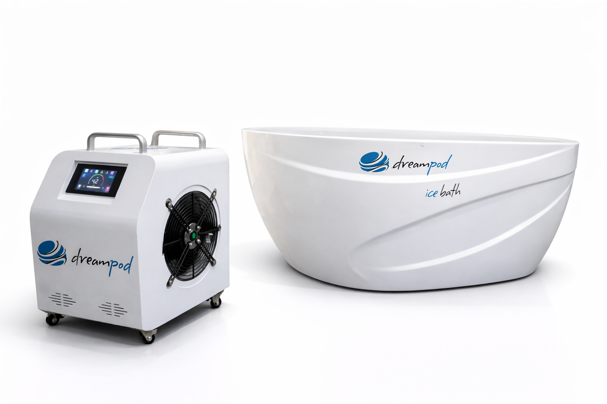 Dreampod ice bath tub with chiller heater system displayed in studio setting showing full cold plunge setup