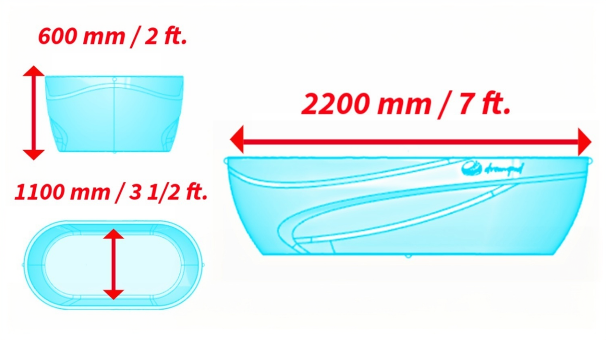 Dreampod Mineral Soaker mineral bath system exterior dimensions diagram showing length width and height measurements