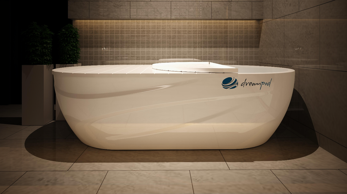 Dreampod Mineral Soaker heated mineral bath system in tiled spa-style environment with integrated cover closed