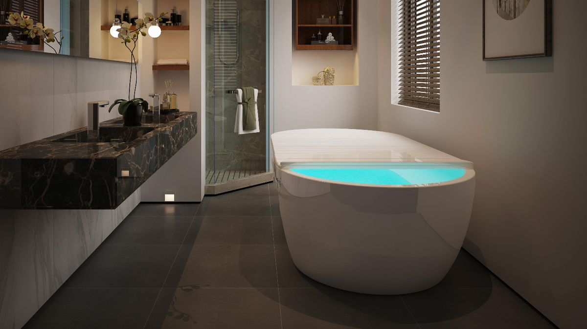 Dreampod Mineral Soaker mineral bath system positioned in home bathroom with black vanity and warm lighting