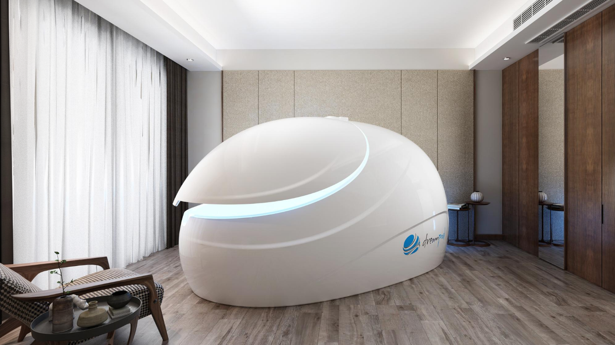 Dreampod Sport Float Pod commercial float tank closed position in modern home wellness room