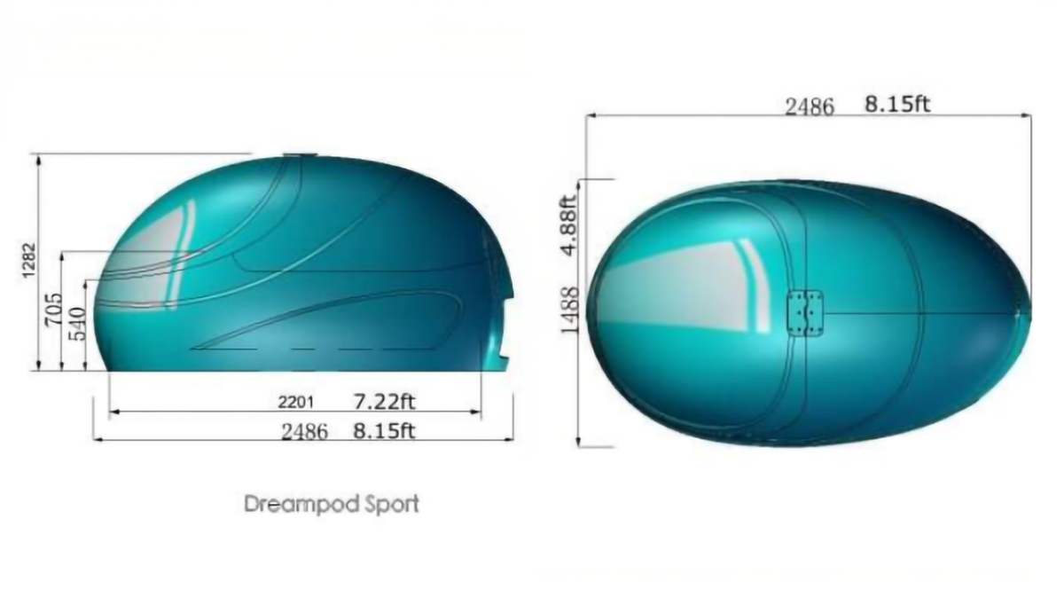 Dreampod Sport Float Pod commercial float tank external dimensions layout top and side measurement diagram