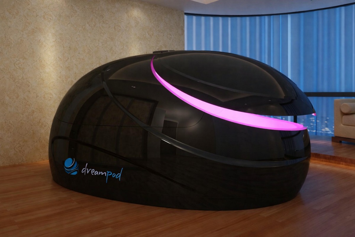 Dreampod V2 float pod commercial float tank with black exterior and integrated LED lighting in indoor setting