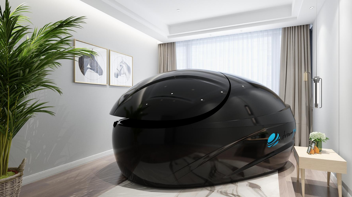 Dreampod Vmax float pod commercial and home float tank closed in residential wellness space with natural light