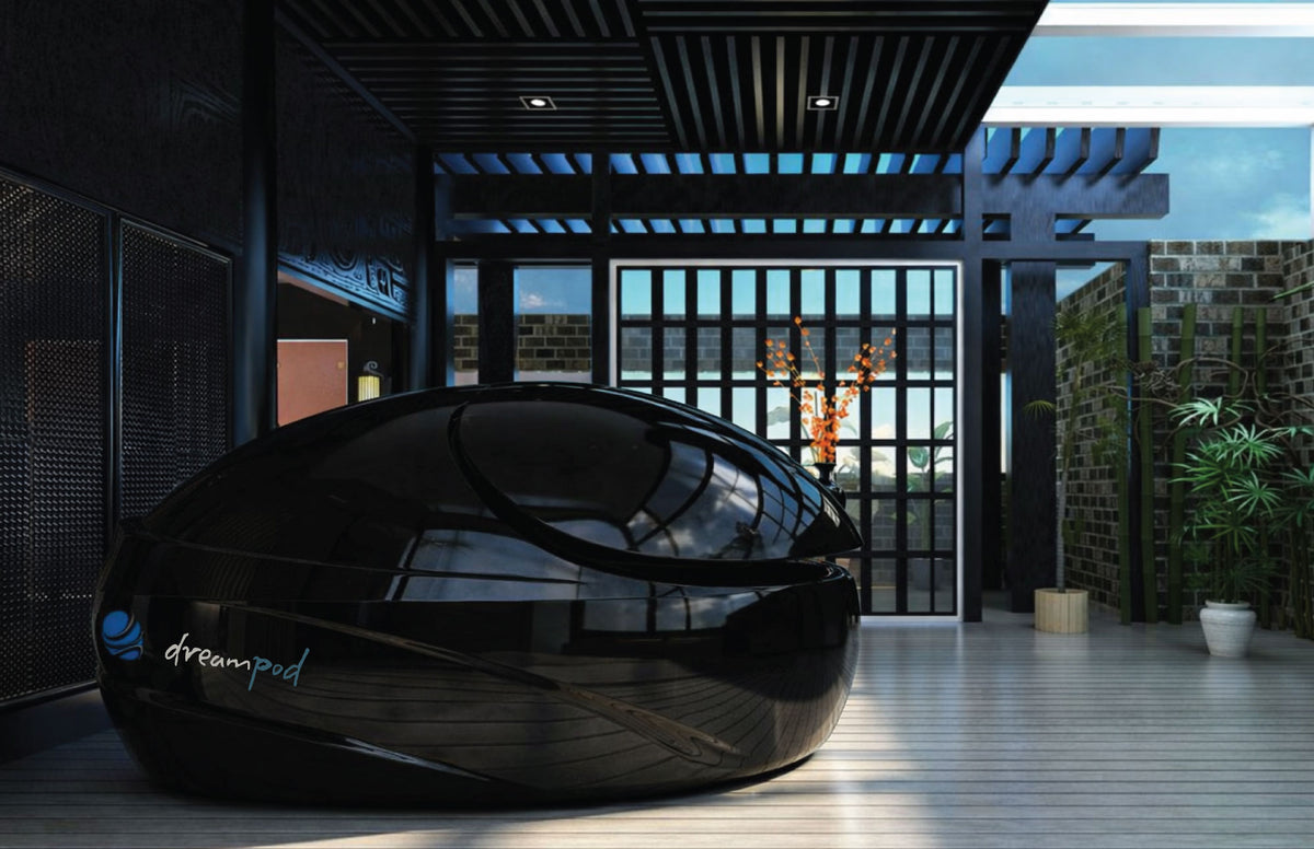Dreampod Vmax float pod commercial float tank closed in dark luxury spa environment with architectural lighting