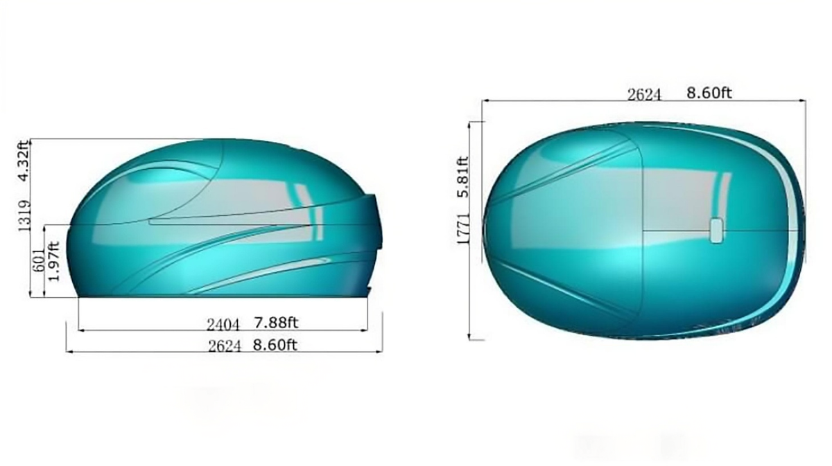 Dreampod Vmax float pod commercial float tank dimension diagram showing length width and height specifications