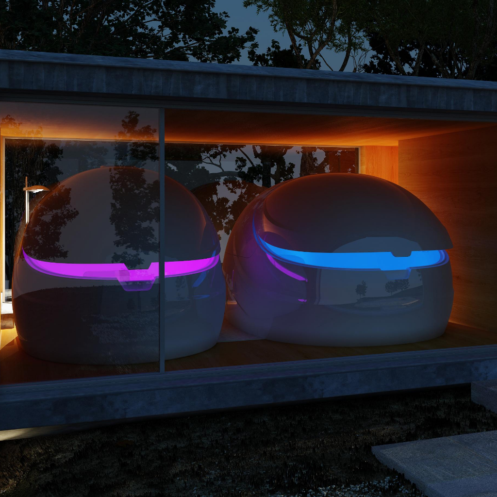 Dreampod Vmax float pod commercial float tanks illuminated in dual installation setting with modern architectural design