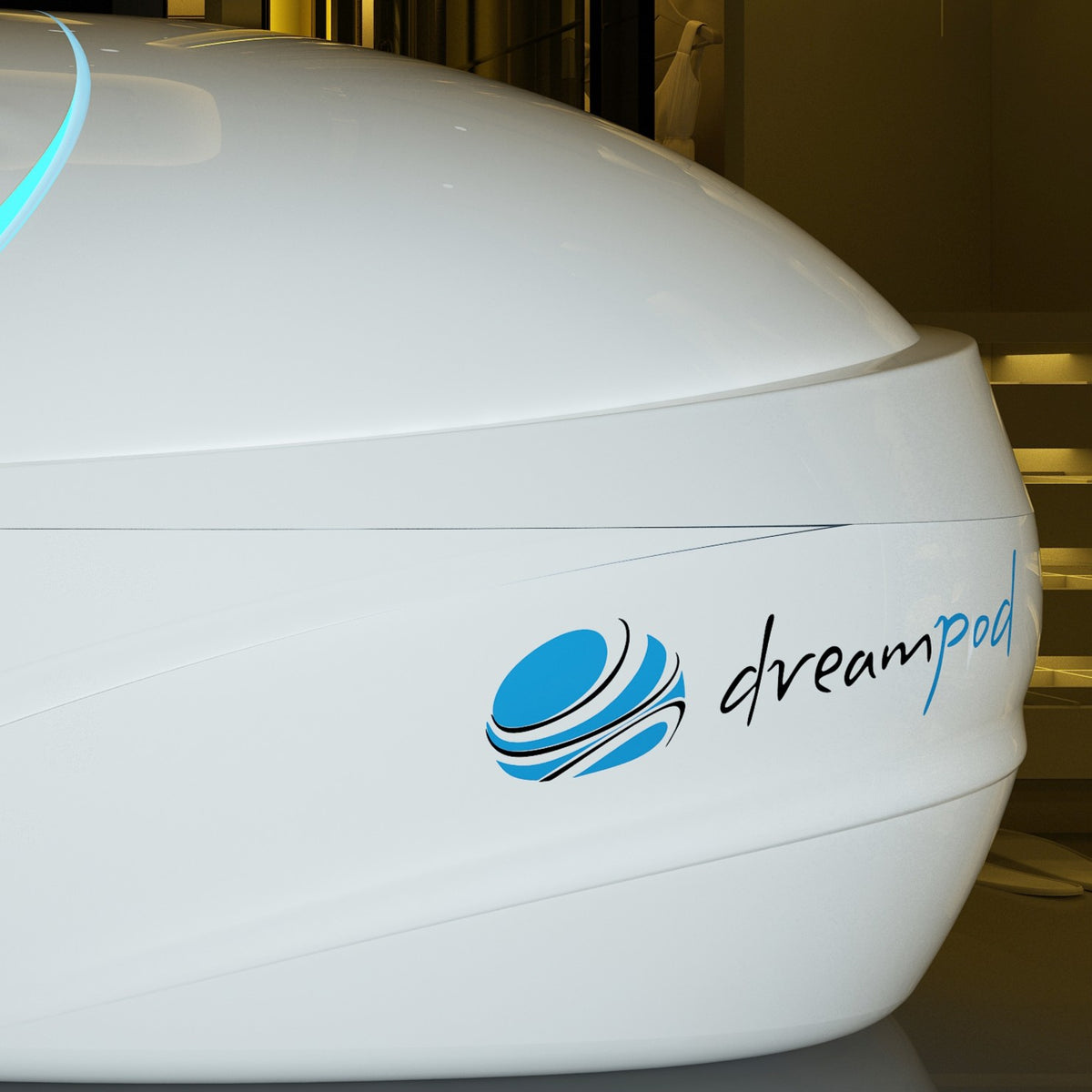 Dreampod Vmax float pod commercial float tank exterior branding detail on high gloss fiberglass surface