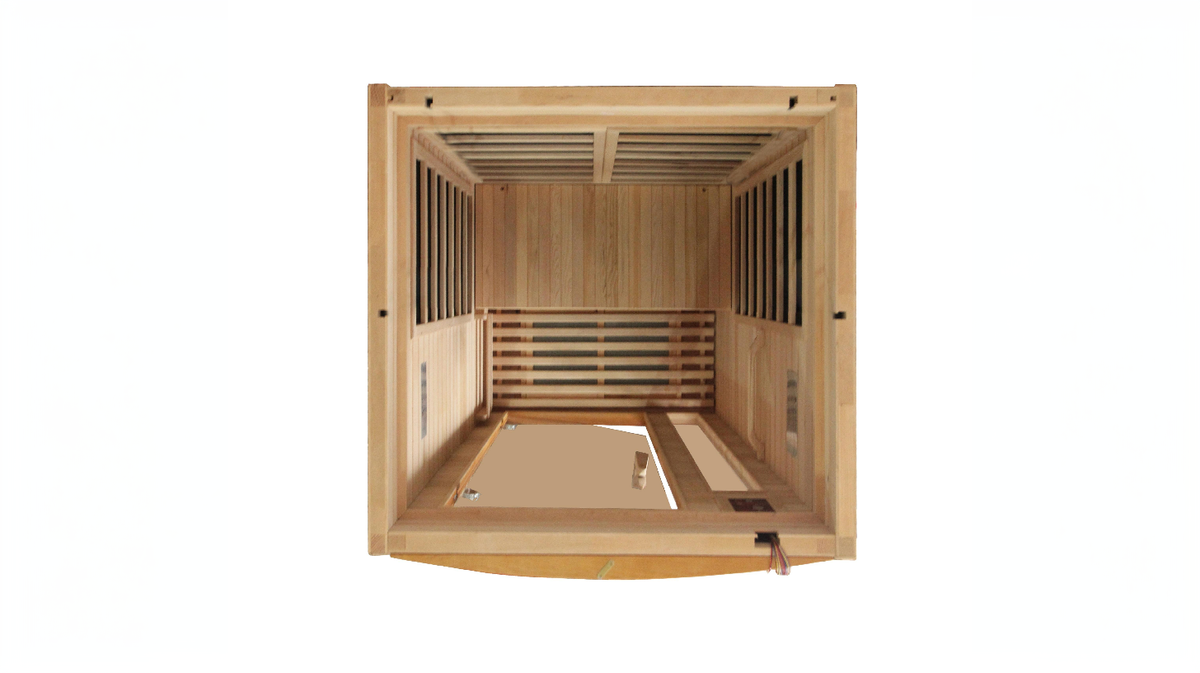 Dynamic Barcelona Elite infrared sauna top down interior view showing bench layout and surrounding carbon heating panels