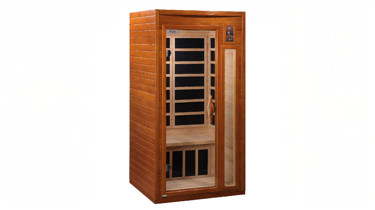 Dynamic Barcelona infrared sauna exterior front angle with glass door open showing interior seating and heating panels