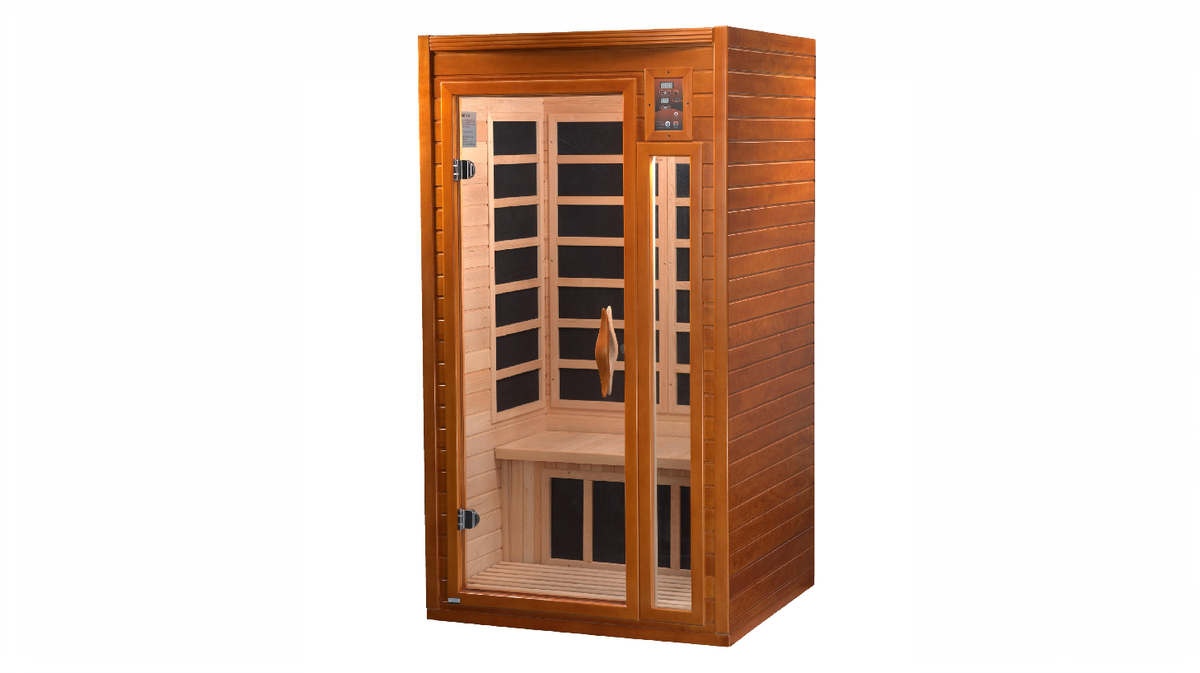 Dynamic Barcelona infrared sauna full exterior unit with glass door closed showing compact indoor sauna design
