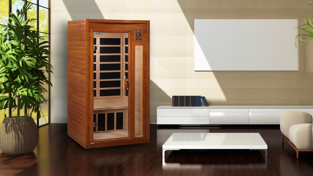 Dynamic Barcelona infrared sauna installed in modern living room environment showing indoor residential placement and compact footprint