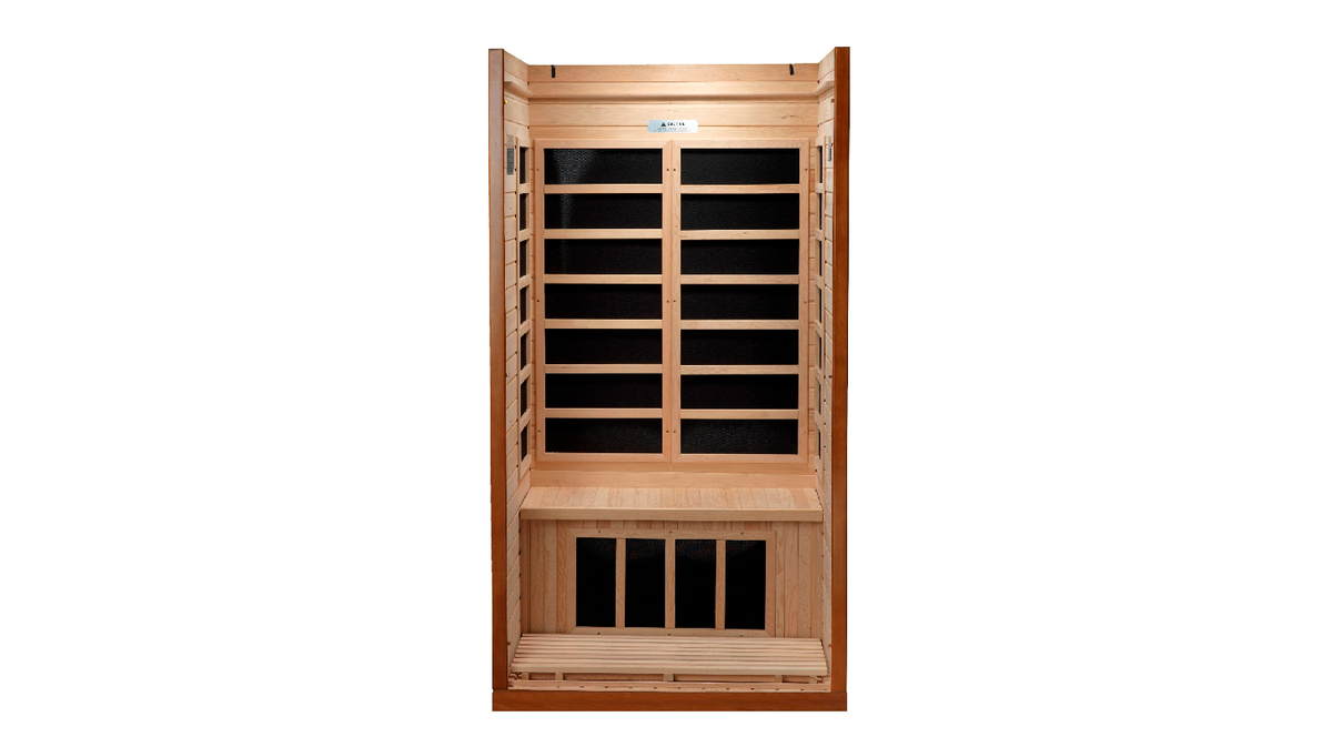 Dynamic Barcelona infrared sauna interior front view showing bench seating and full height carbon heating panel layout