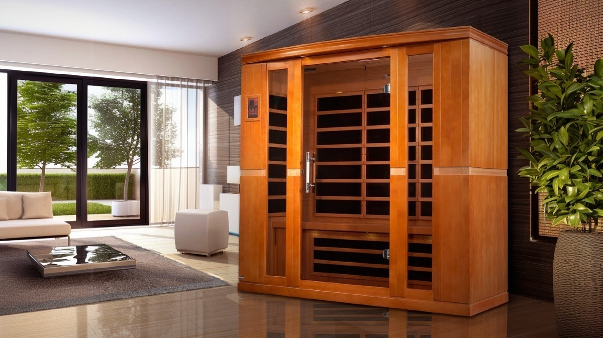 Dynamic Bergamo 4 person infrared sauna installed in modern living room home wellness space