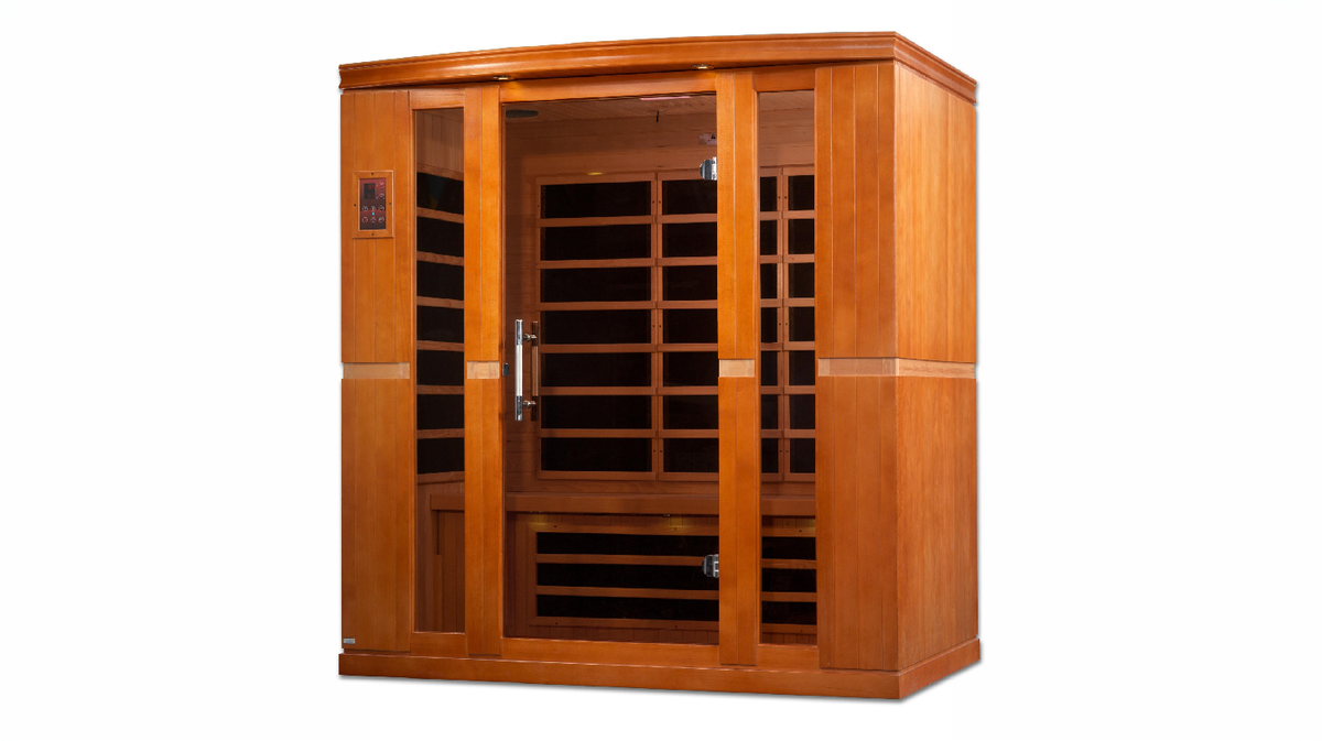 Dynamic Bergamo 4 person infrared sauna low EMF angled view showing full exterior design