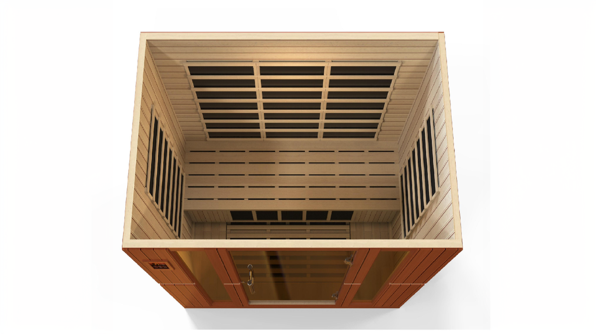 Dynamic Bergamo 4 person infrared sauna low EMF ceiling heating panels and interior layout