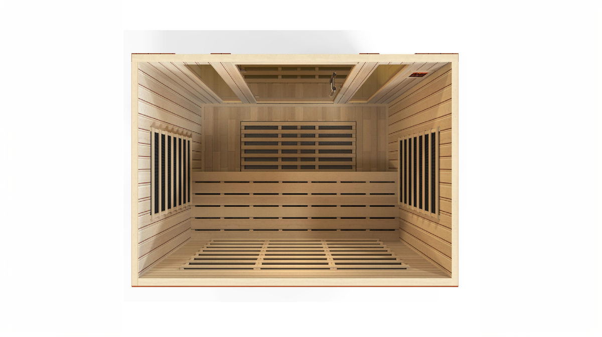 Dynamic Bergamo infrared sauna interior bench layout showing 4 person seating and heating panels