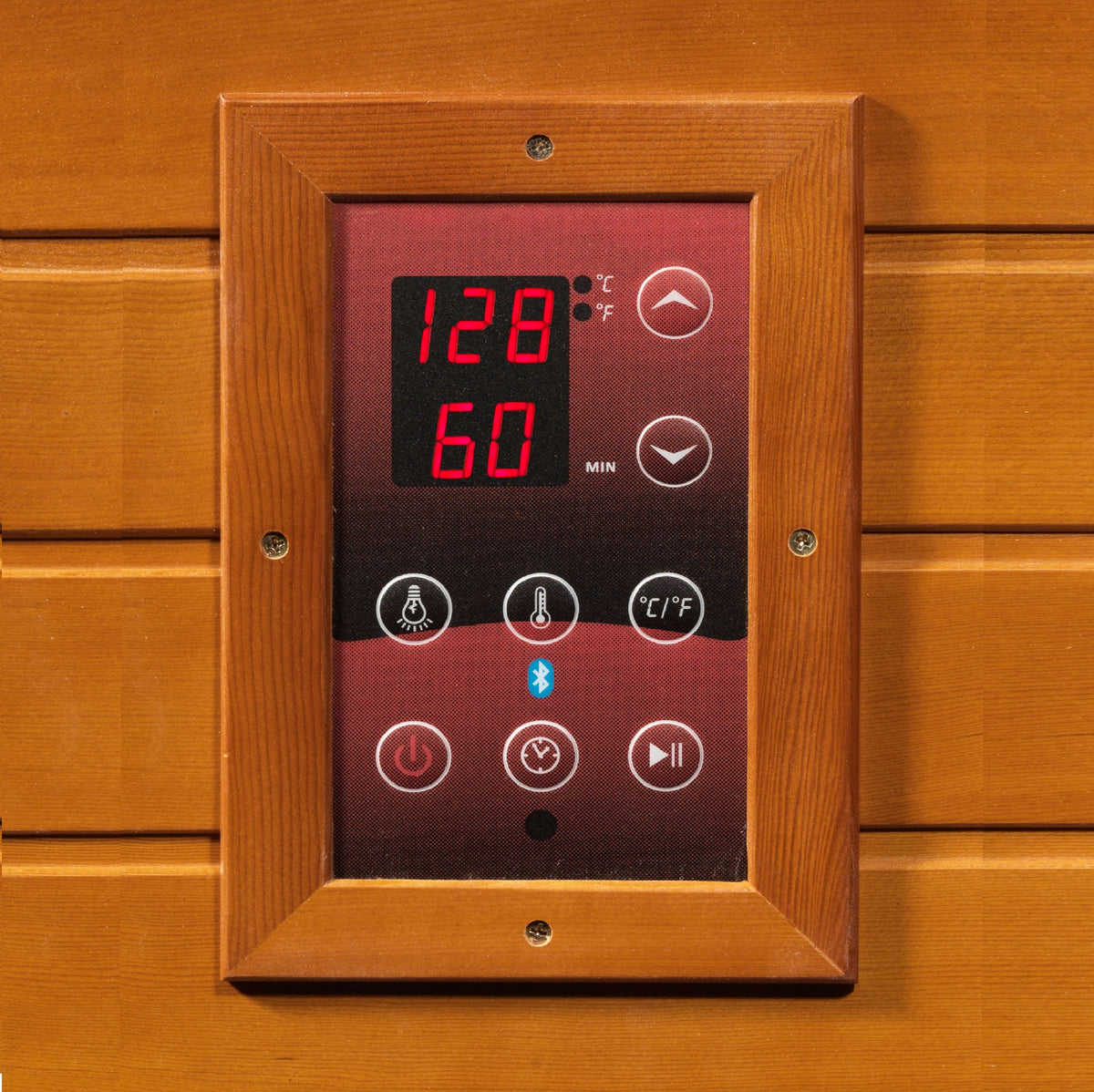 Dynamic Bergamo infrared sauna interior LED control panel showing temperature and session controls