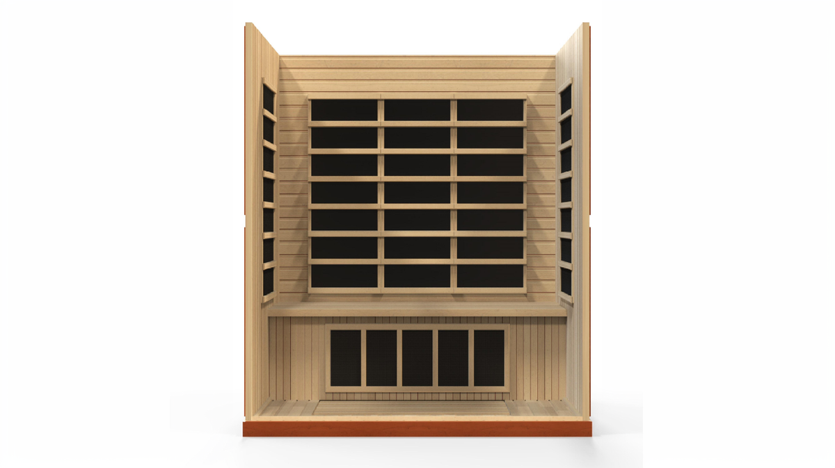 Dynamic Bergamo infrared sauna rear wall heating panel layout with full interior coverage