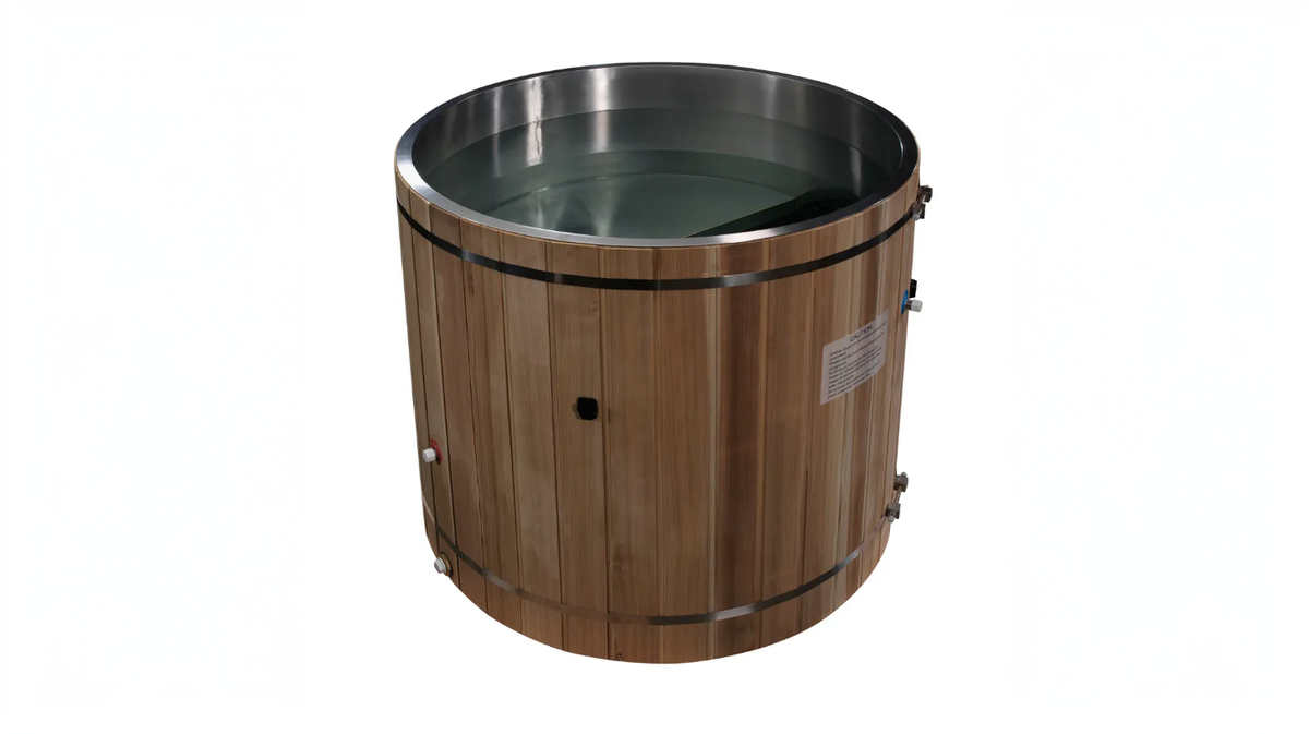 Dynamic Cold Therapy 304 stainless steel cold plunge barrel tub filled with water showing interior seat and upright immersion design
