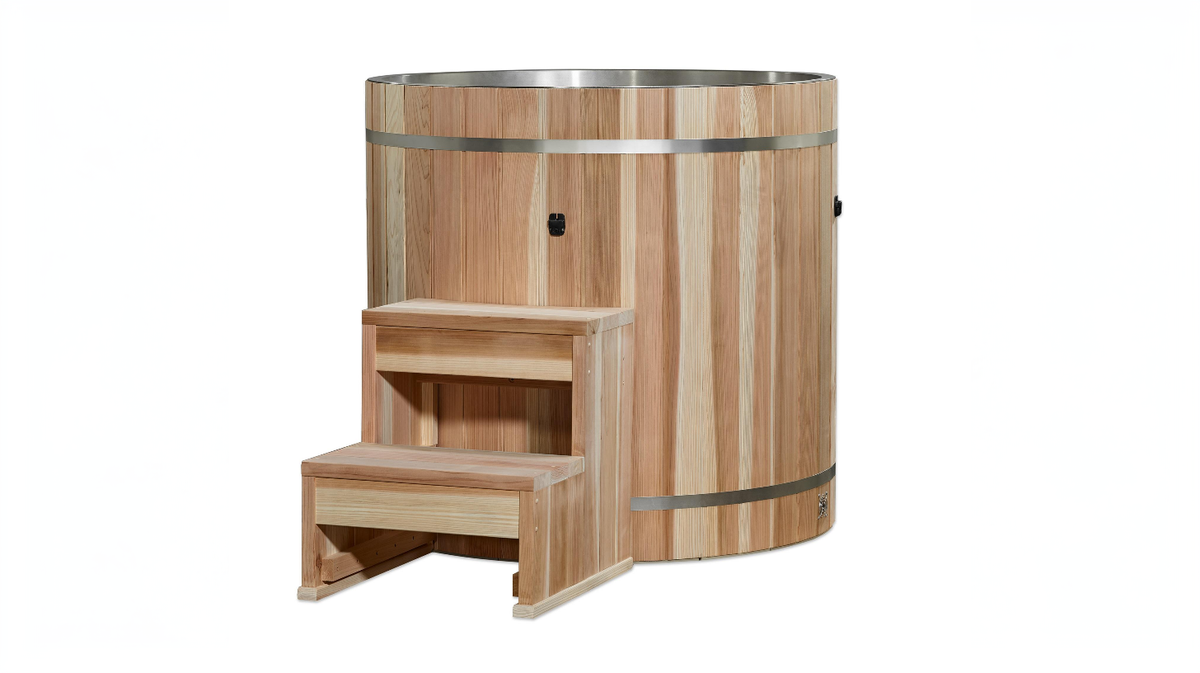 Dynamic Cold Therapy 304 stainless steel cold plunge barrel tub with Pacific cedar exterior and matching step for safe vertical entry
