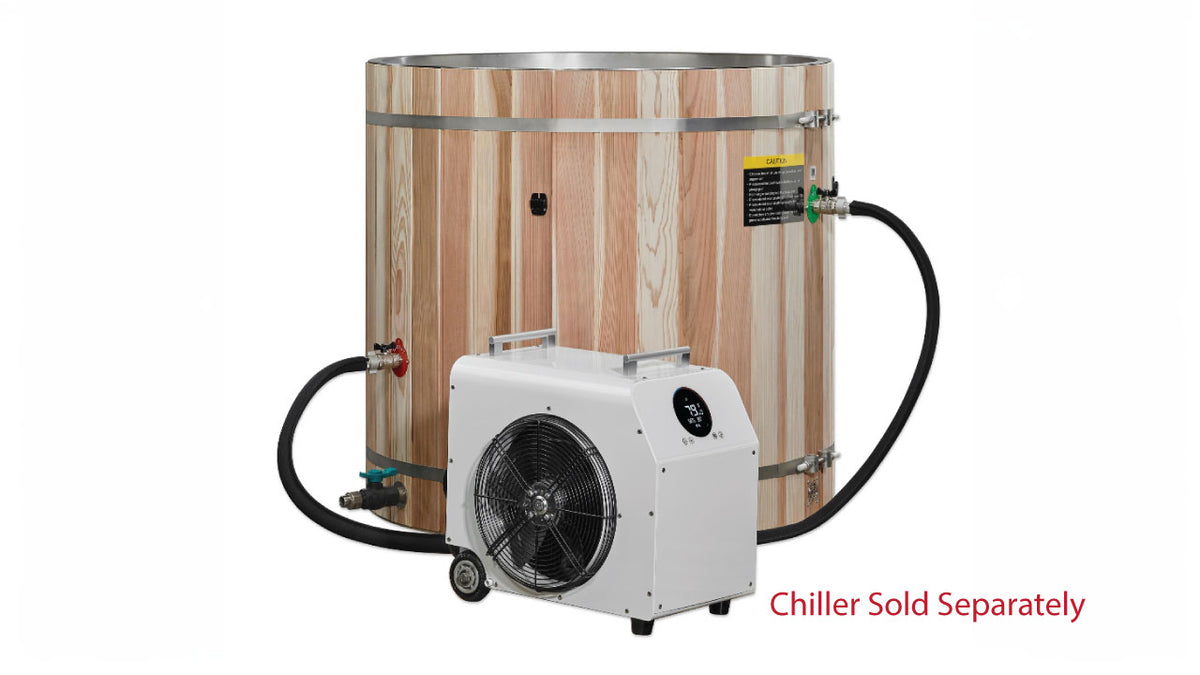 Dynamic Cold Therapy 304 stainless steel cold plunge barrel tub connected to external chiller system for controlled cold immersion setup