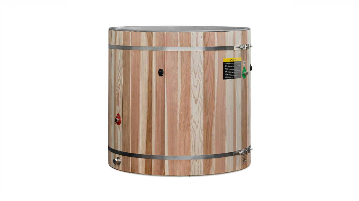 Dynamic Cold Therapy barrel cold plunge tub with cedar exterior shown in angled product view on white background