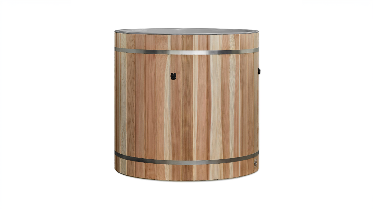 Dynamic Cold Therapy barrel cold plunge tub with cedar exterior shown in front view isolated on white background