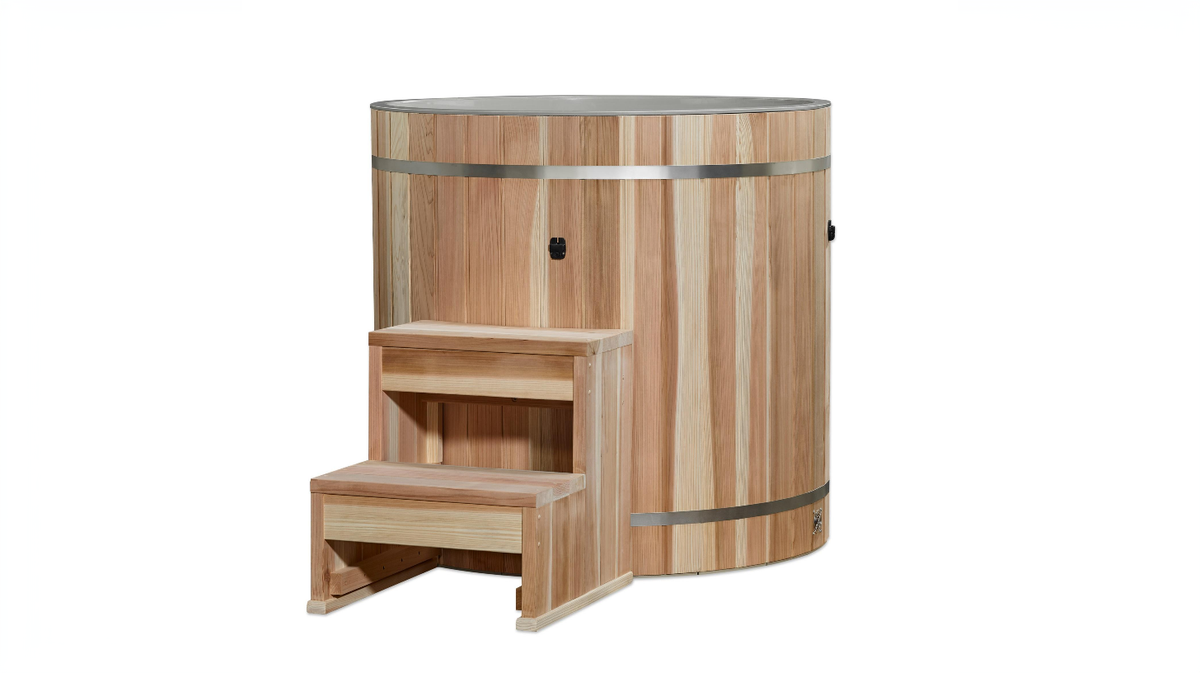 Dynamic Cold Therapy barrel cold plunge tub with cedar steps shown in front angle view on white background