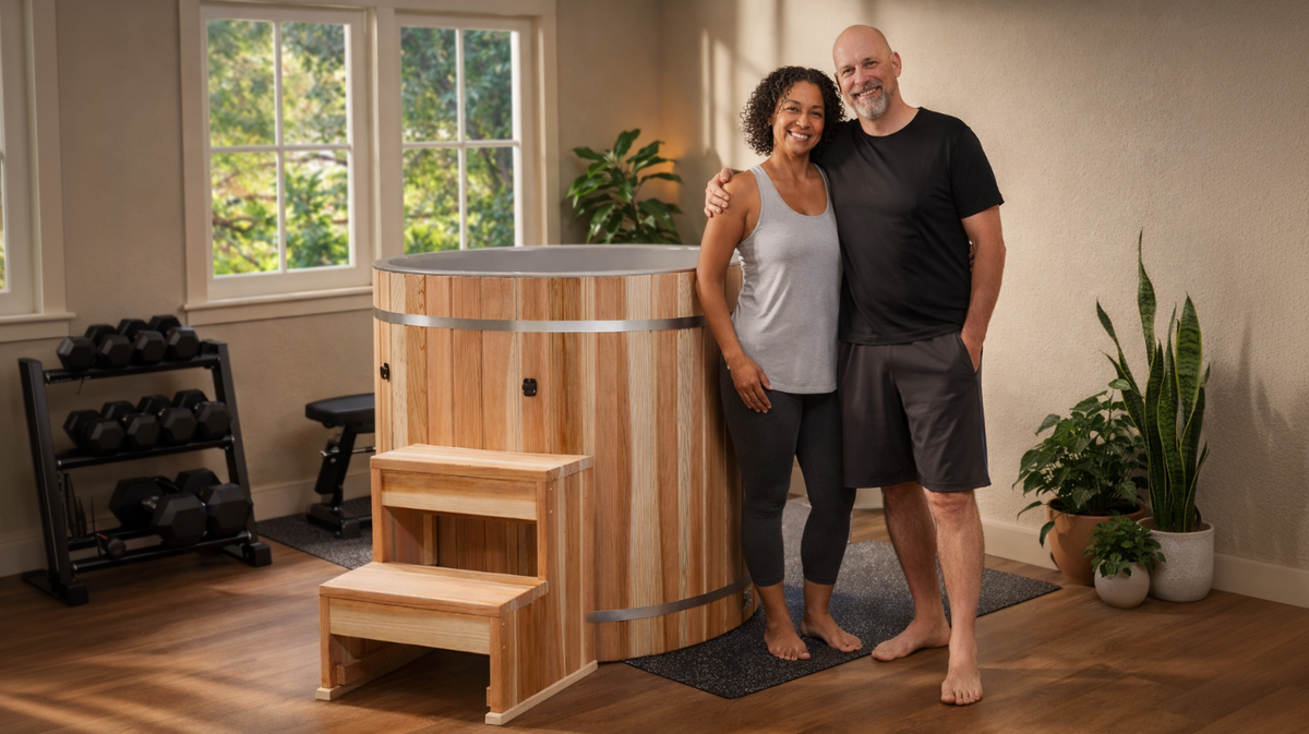 Dynamic Cold Therapy barrel cold plunge tub placed in home gym with couple standing next to tub in indoor wellness setting