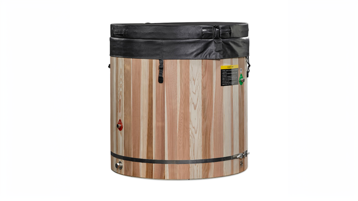 Dynamic Cold Therapy barrel cold plunge tub with insulated cover secured showing full exterior with lid closed