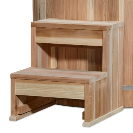 Dynamic Cold Therapy cold plunge barrel cedar step access showing entry platform and two-step design close-up