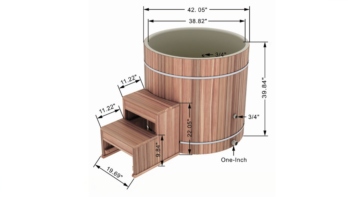 Dynamic Cold Therapy cold plunge barrel dimensions diagram showing width height step measurements and connection points