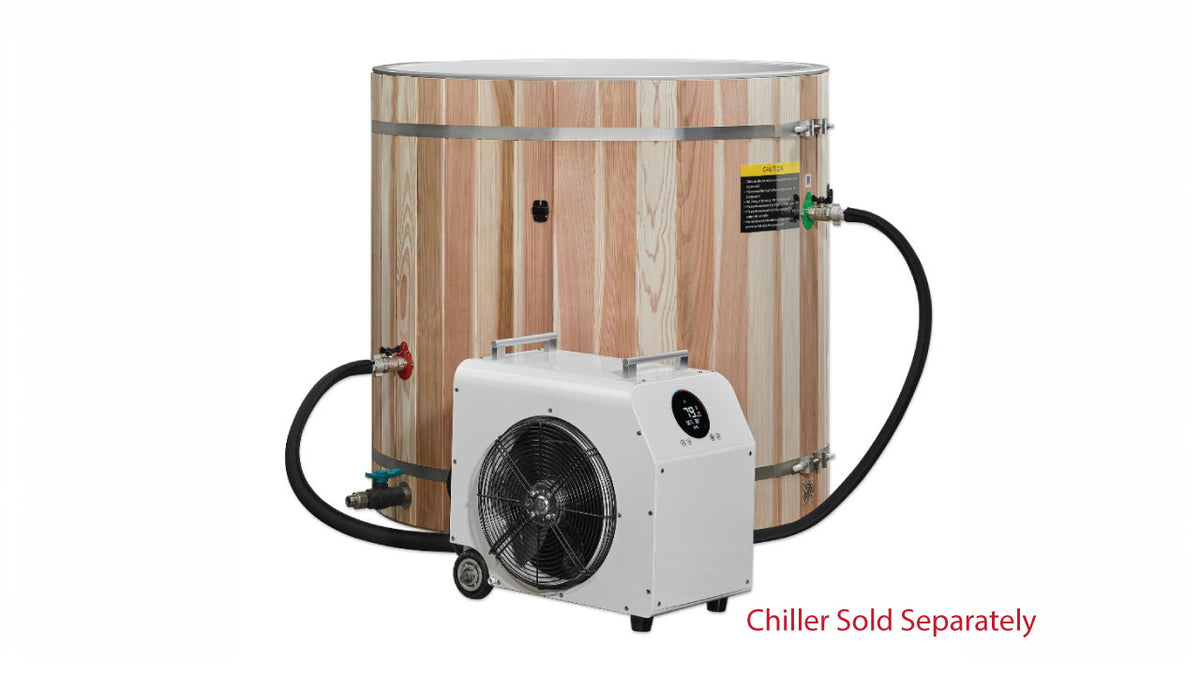 Dynamic Cold Therapy cold plunge barrel connected to external chiller system with inlet and outlet hoses attached