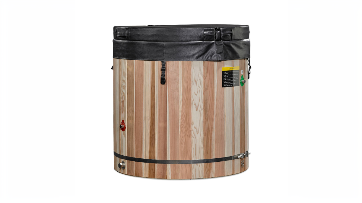 Dynamic Cold Therapy cold plunge barrel tub with insulated cover closed showing cedar exterior and secure latch system for water protection