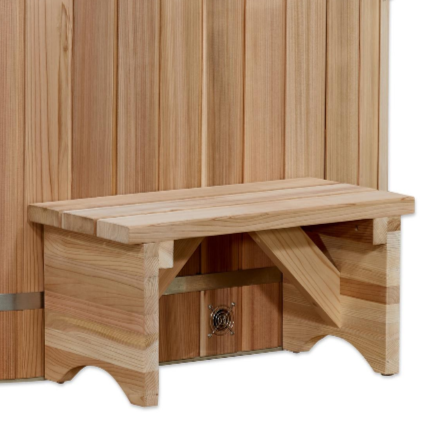 Dynamic Cold Therapy cold plunge tub cedar step stool detail showing entry platform and support structure close-up