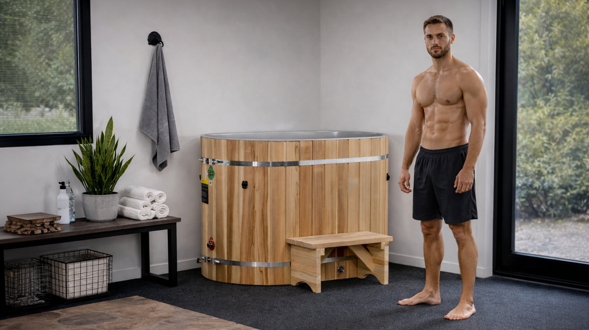 Dynamic Cold Therapy oval cold plunge tub positioned in home gym with athlete standing nearby preparing for cold immersion