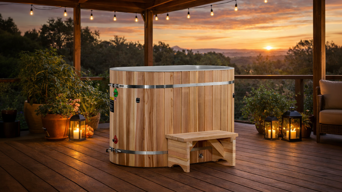 Dynamic Cold Therapy oval cold plunge tub placed on outdoor deck at sunset with step stool and ambient lighting