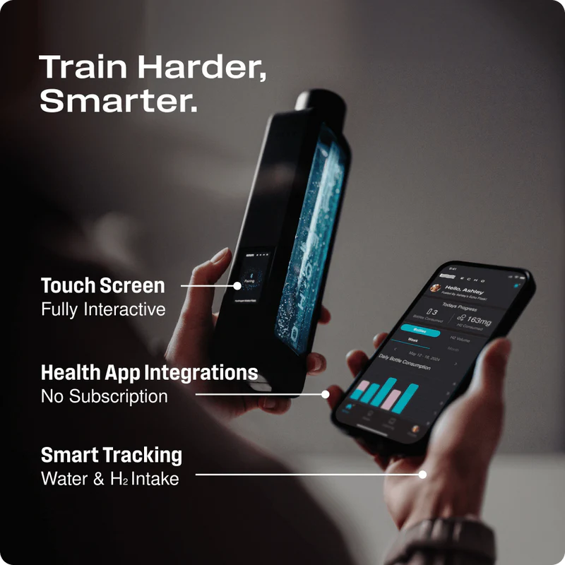Echo Flask hydrogen water bottle touchscreen interface and mobile app tracking displayed during handheld use