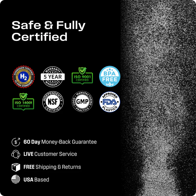 Echo Flask hydrogen water bottle certifications display with hydrogen bubbles visualization and safety badges