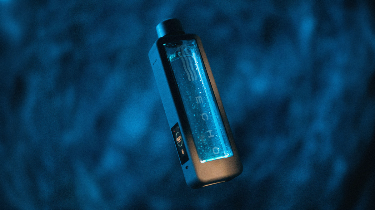 Echo Flask hydrogen water bottle suspended mid-air with visible hydrogen generation bubbles in illuminated chamber
